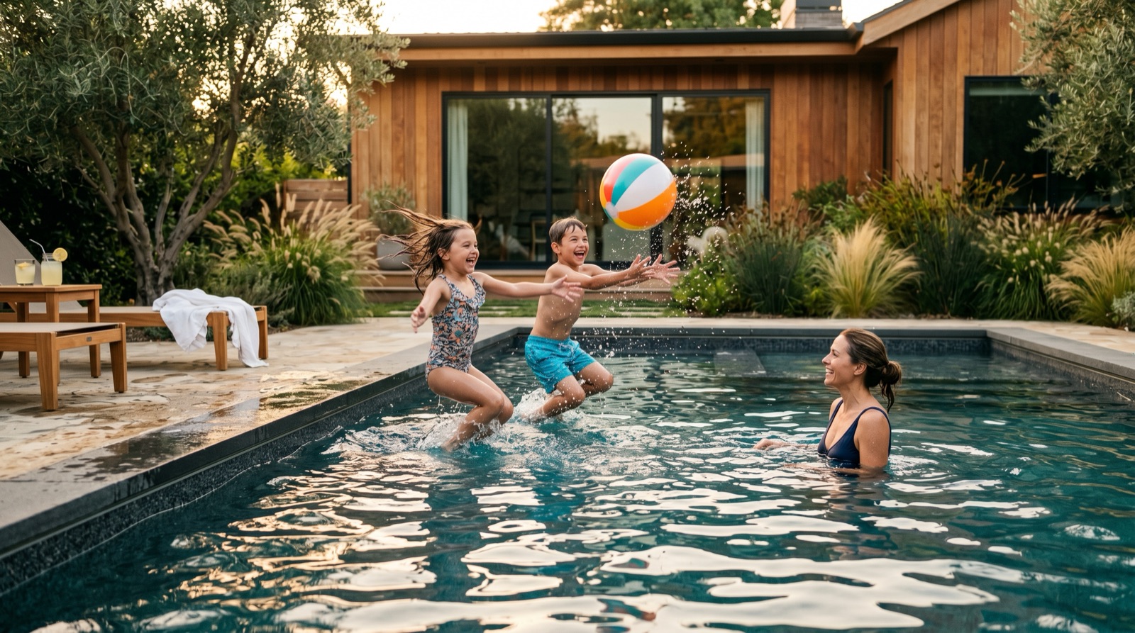 A family playing in a modern backyard swimming pool at golden hour
