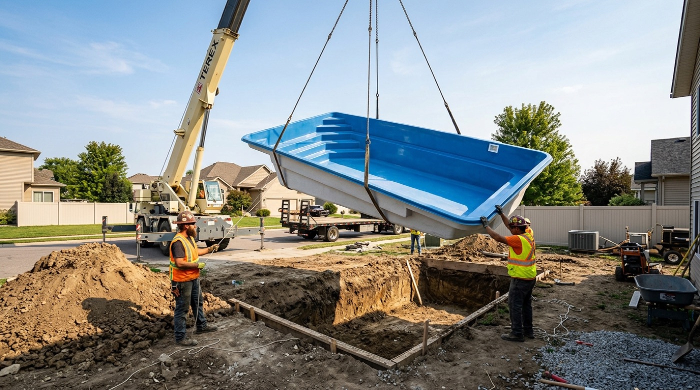 Fiberglass pool shell being lowered into excavated hole by crane