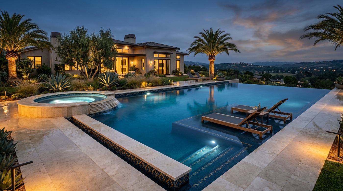 Custom gunite pool with infinity edge, raised spa, and PebbleTec finish