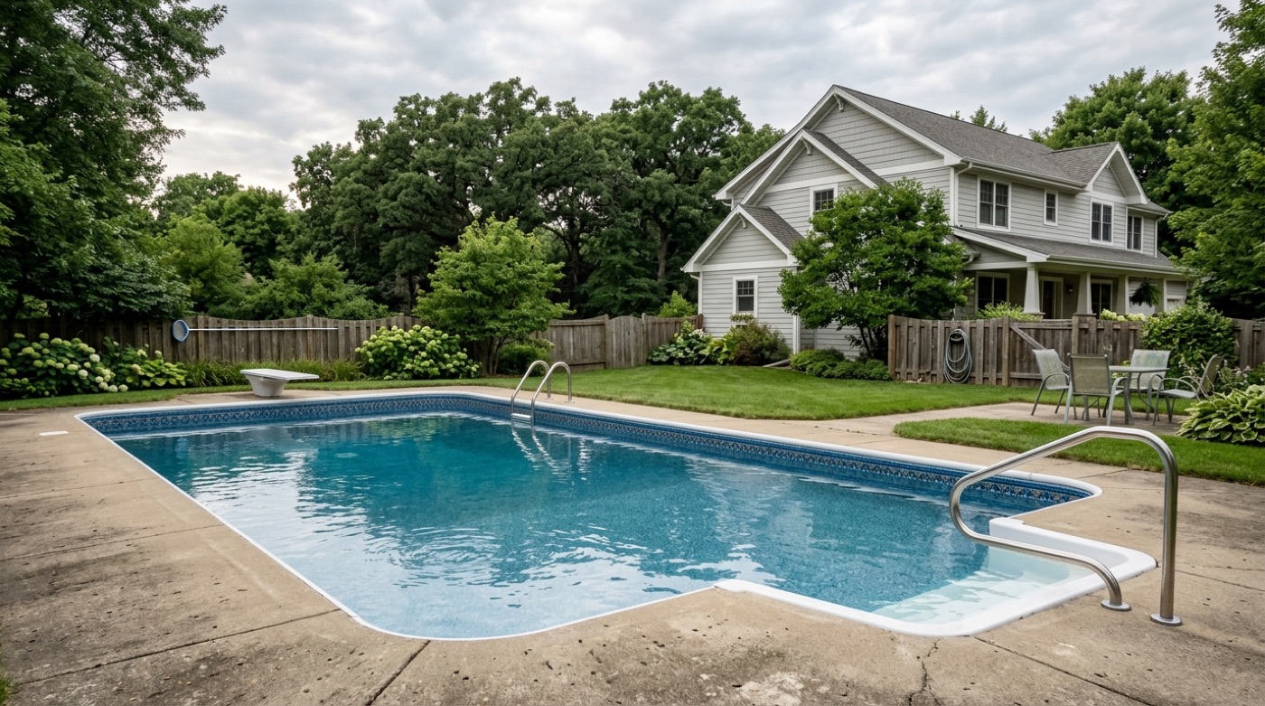 Classic vinyl liner inground pool in a Midwest suburban backyard